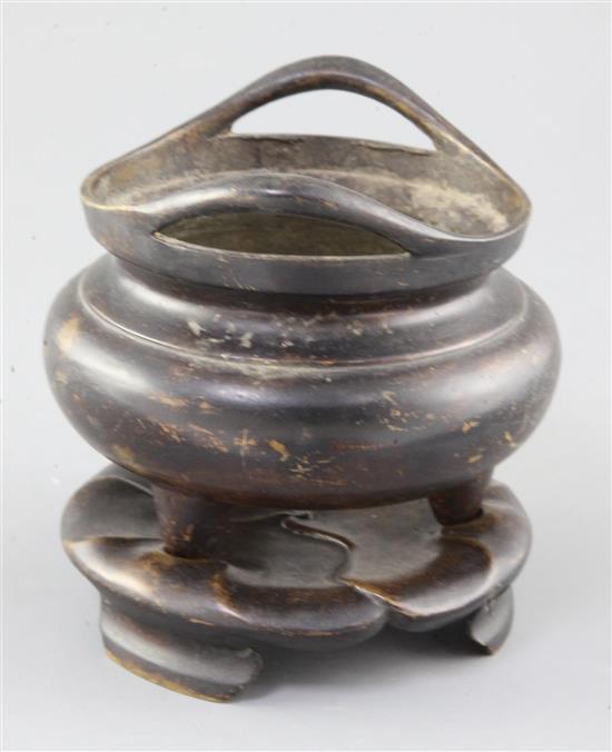 A Chinese bronze ding censer and stand, width 15.5cm